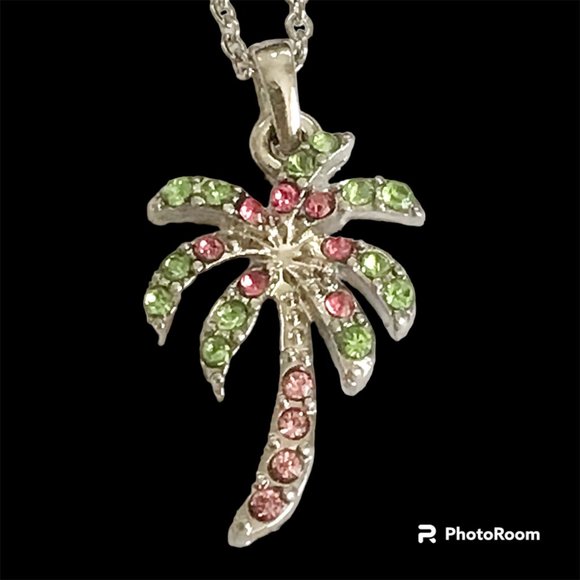 Palm Tree Necklace 18" Silver Rhodium Plated Coconut Island Beach Nautical - Picture 4 of 12